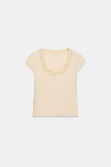 LACE POT NECK TOP - Beige-pink by Zara - Image 4
