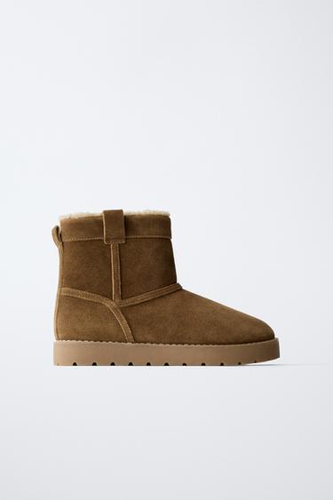 LEATHER ANKLE BOOTS WITH FAUX SHEARLING - Brown by Zara