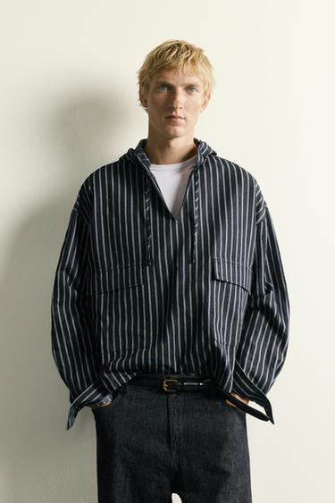GESTREEPT OVERSHIRT MET CAPUCHON VAN KATOEN-LINNENMIX - Blauw van Zara