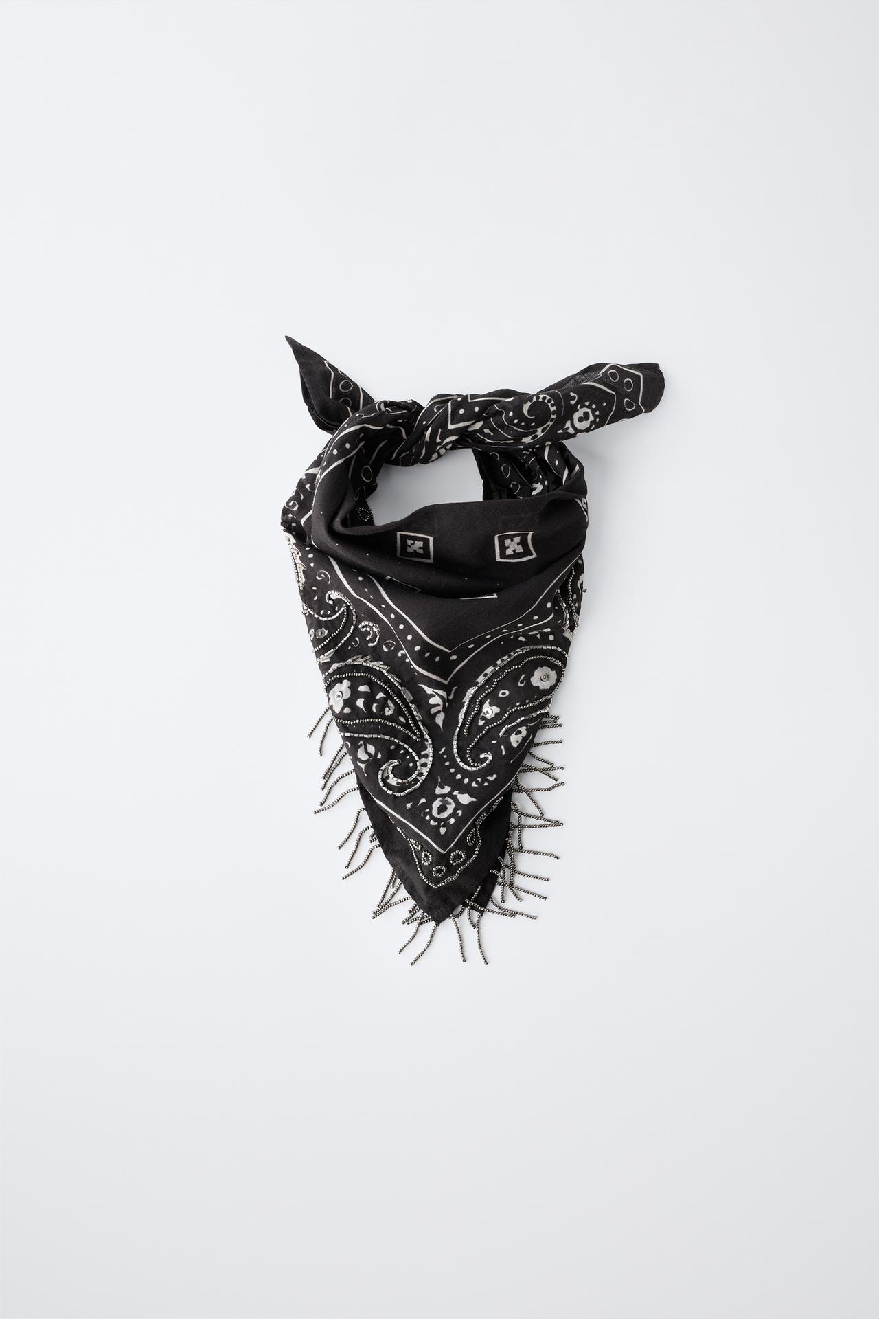 PAISLEY BEADED FRINGE BANDANA — Black