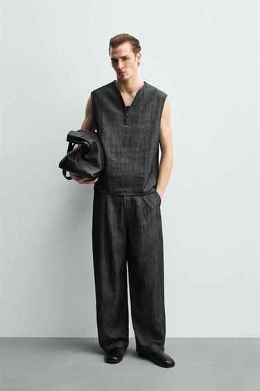 Zara COTTON - LINEN TANK SHIRT - Black / White - Image 0