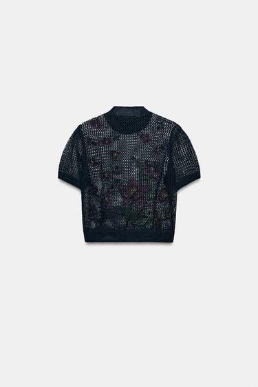KNIT TOP WITH FLORAL EMBROIDERY - Blue by Zara - Image 6