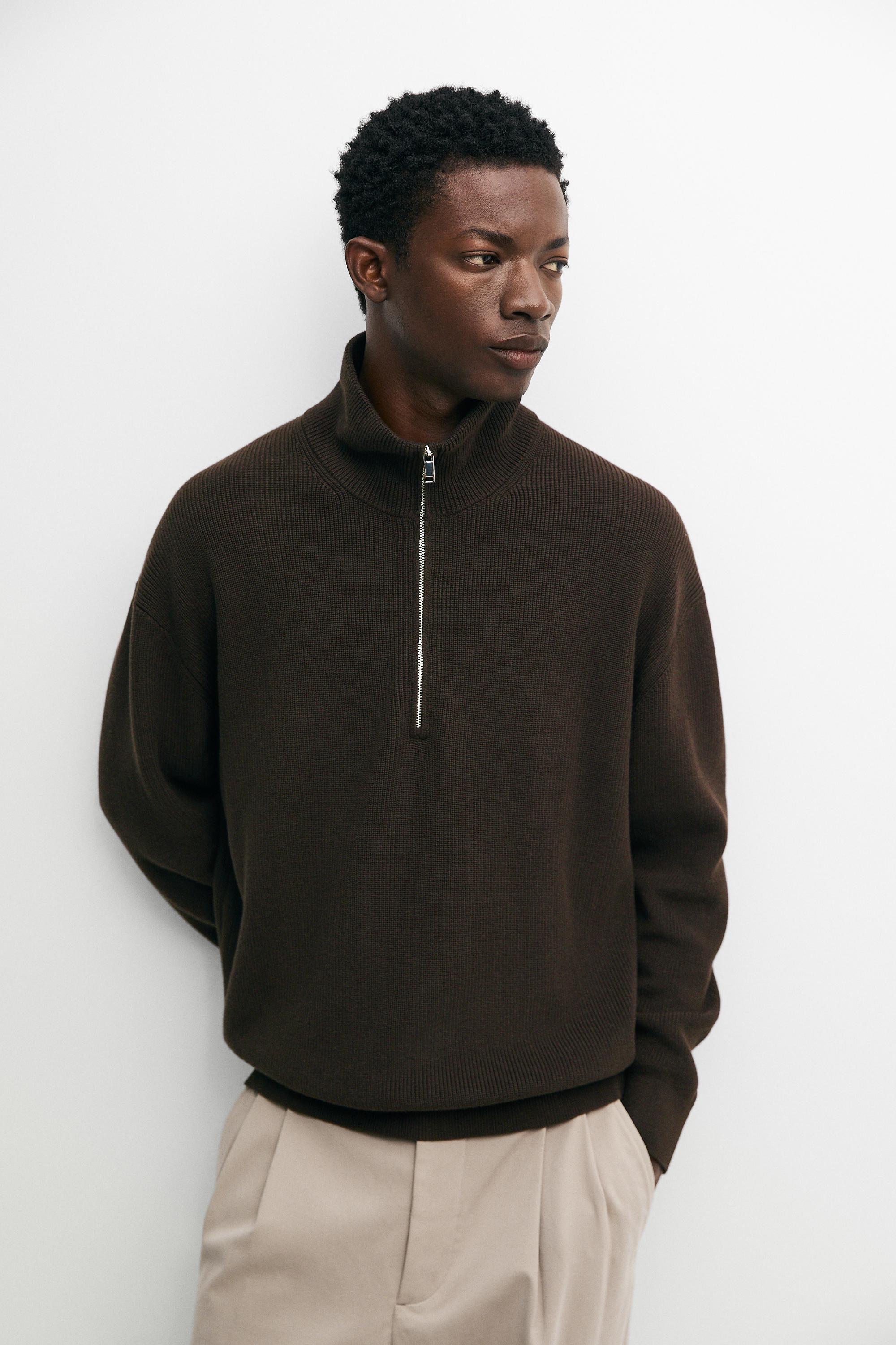 100% cotton mock neck knit sweater — Brown marl