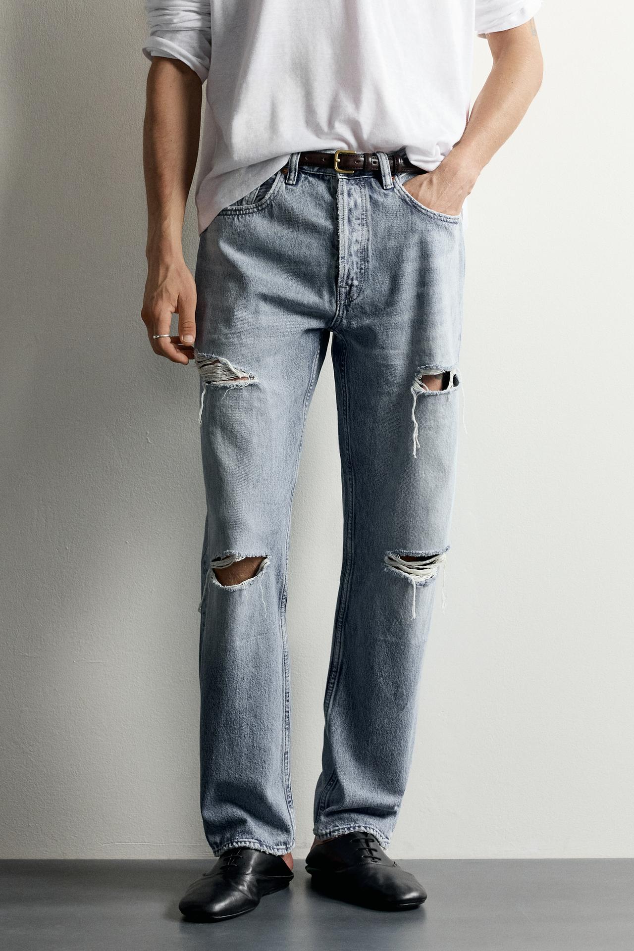 DISTRESSED STRAIGHT FIT JEANS — Mid-blue
