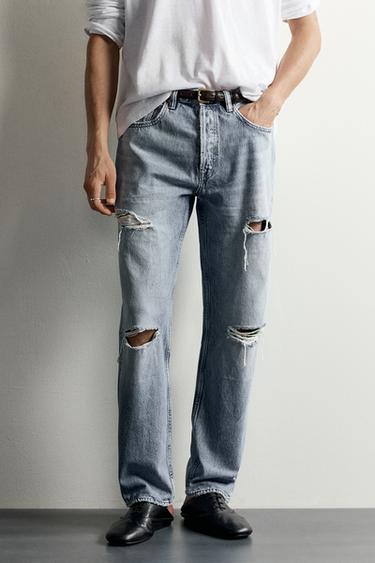 JEANS CALÇAS DIREITAS COM RASGÕES - Azul-médio da Zara