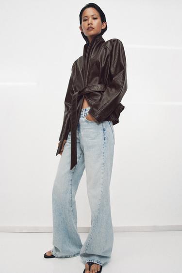 جاكيت جلد اصطناعي بحزام ZW COLLECTION - بني داكن by Zara