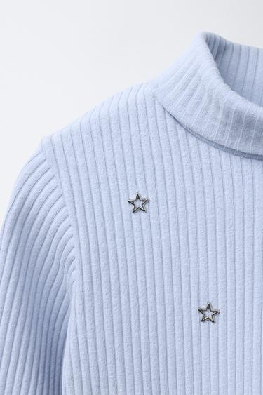 RIBBED TURTLENECK T-SHIRT WITH STUDS - Sky blue by Zara - Image 2