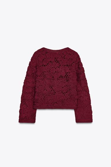 MACRAMÉ KNIT CARDIGAN - Burgundy by Zara - Image 4