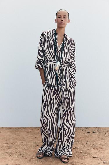 Zara ANIMAL PRINT PANTS - Brown / Ecru