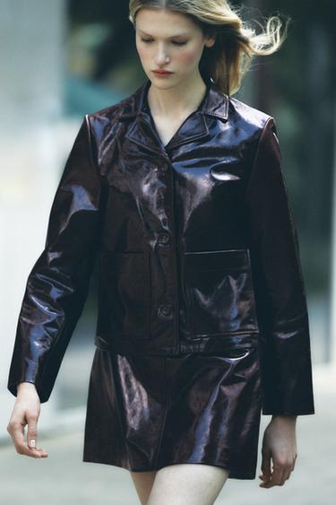 Zara 100% LEATHER SHORT SKIRT ZW COLLECTION - Burgundy