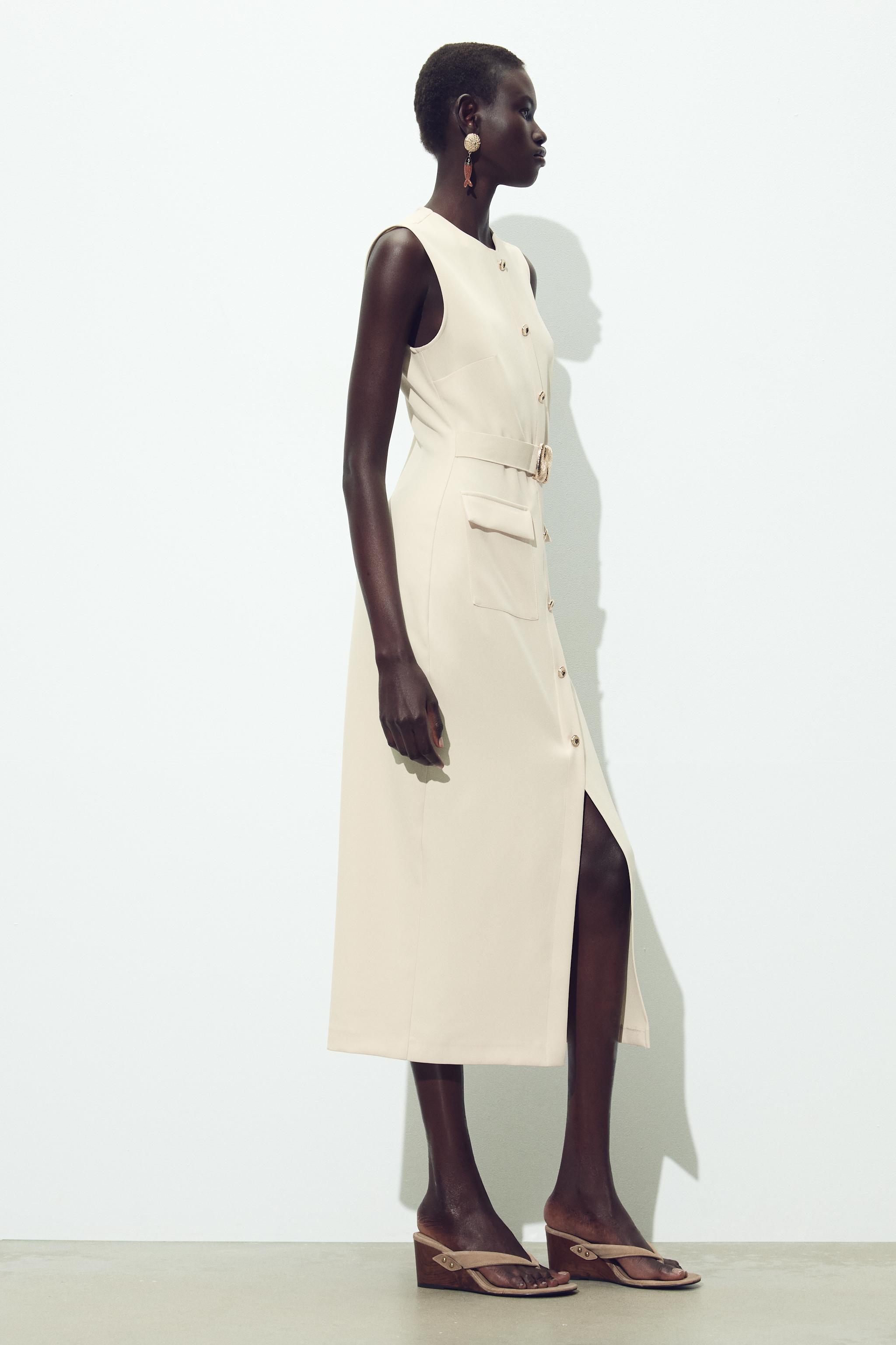 クレープ素材ベルト付きミディ丈ワンピース - ブラック | ZARA