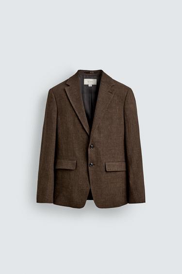 Zara 100% LINEN SUIT JACKET - Dark brown