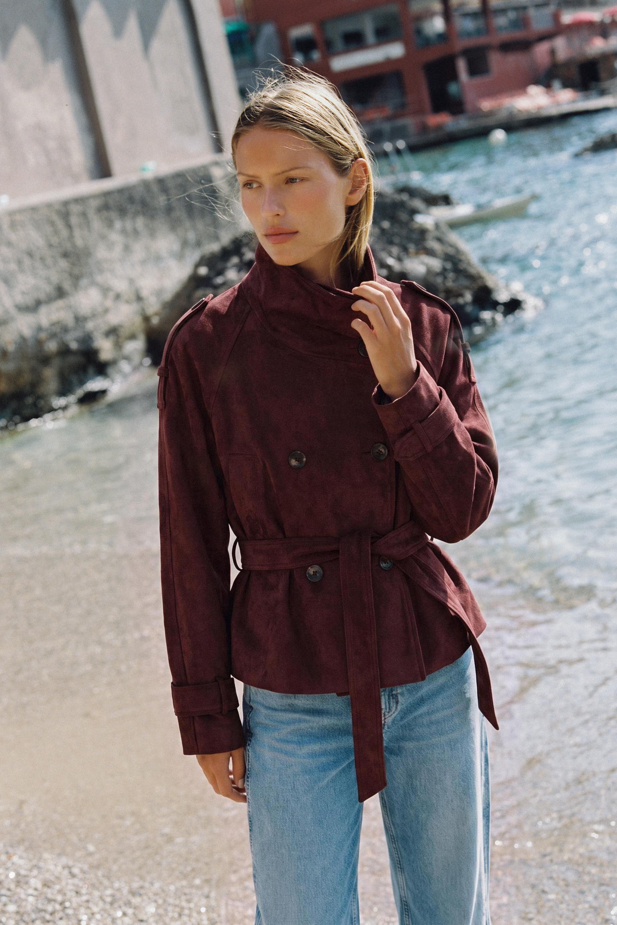 FAUX SUEDE BELTED JACKET — Eggplant