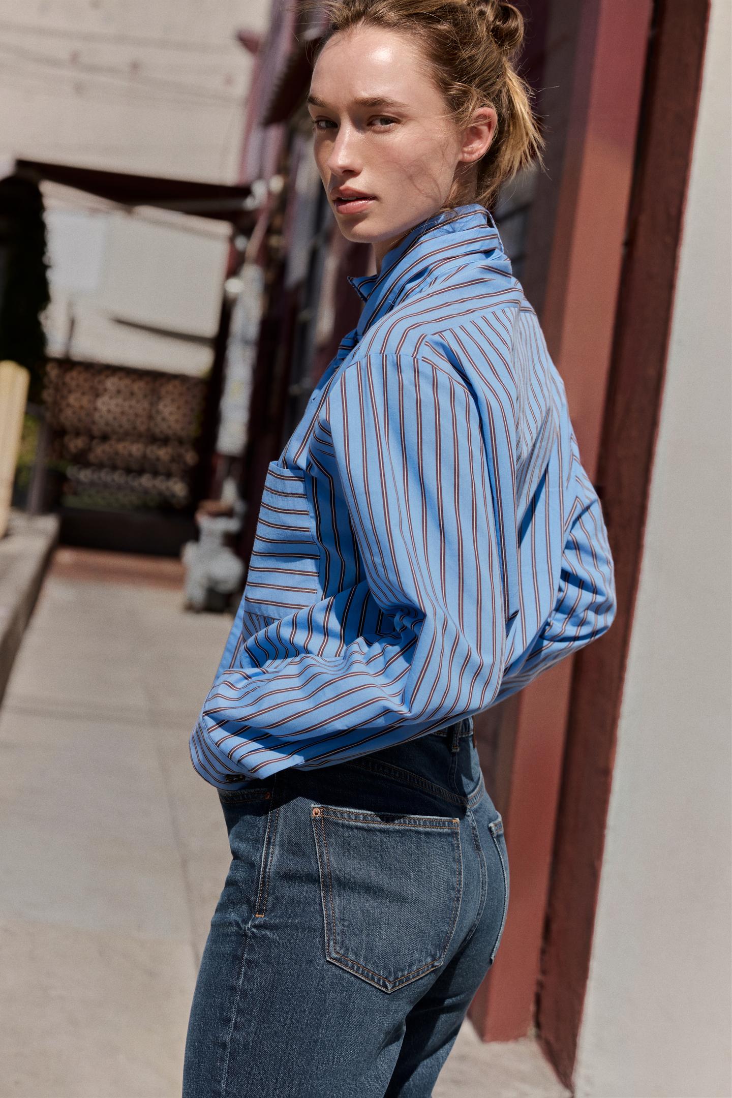 Женская рубашка Zara Striped Tie-Detail, цвет: Коричневый синий — фото 9