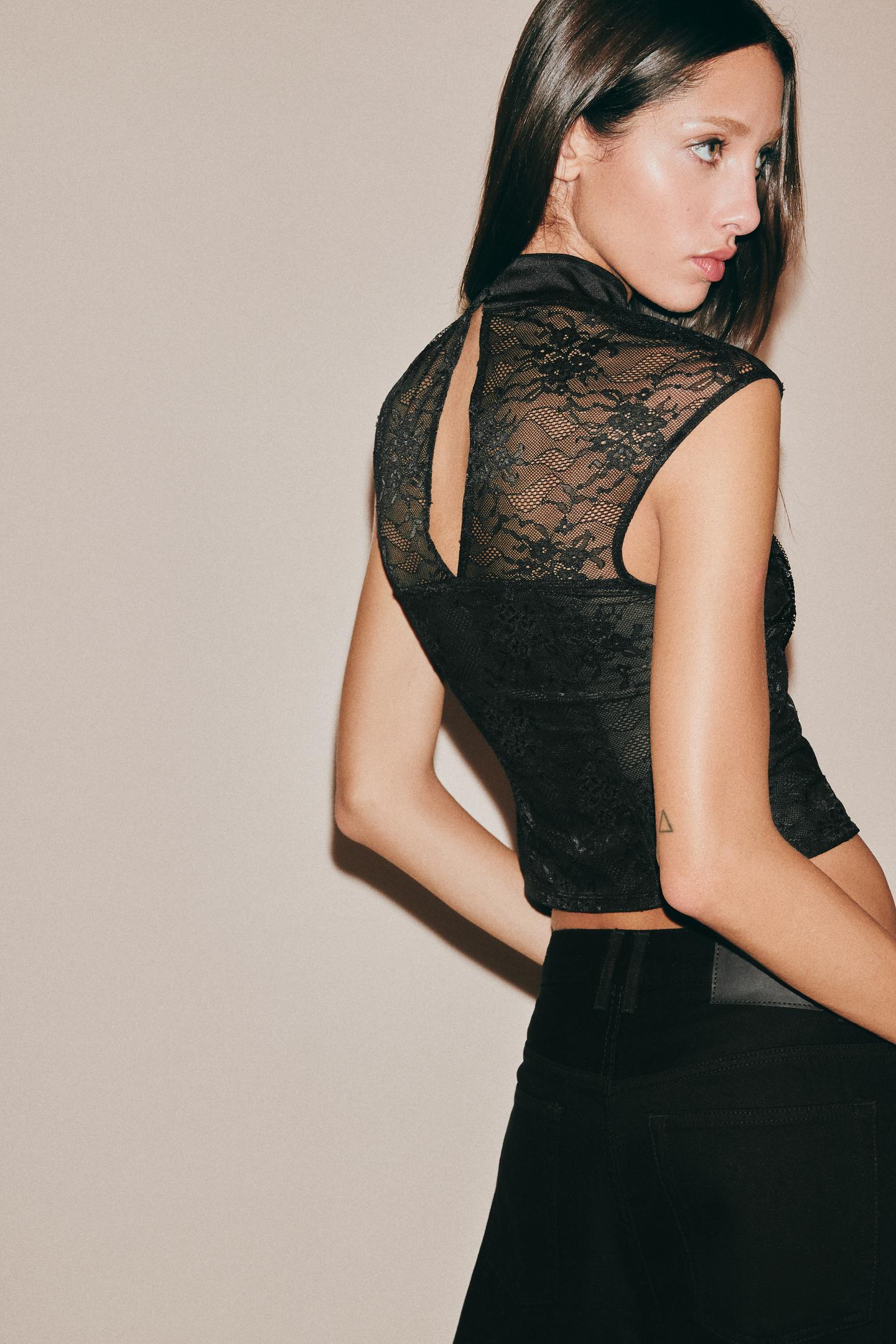 Женский топ Zara Embroidered Lace Top, цвет: Чёрный — фото 2