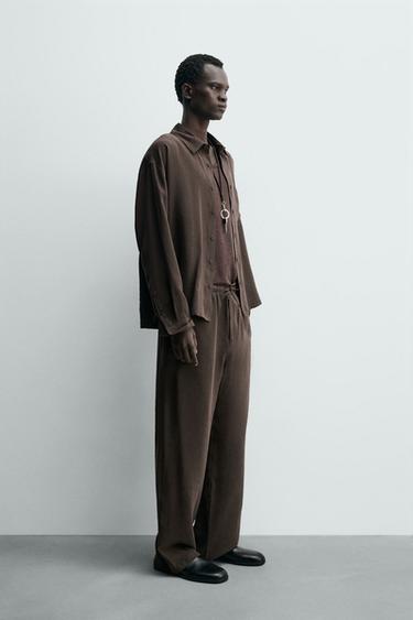 Zara RELAXED FIT FLOWY PANTS - Brown