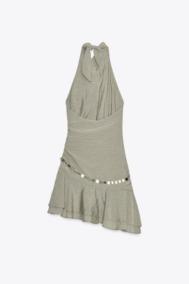ROBE COURTE HALTER CEINTURE RAYURES - Beige-marron de Zara - Image 8