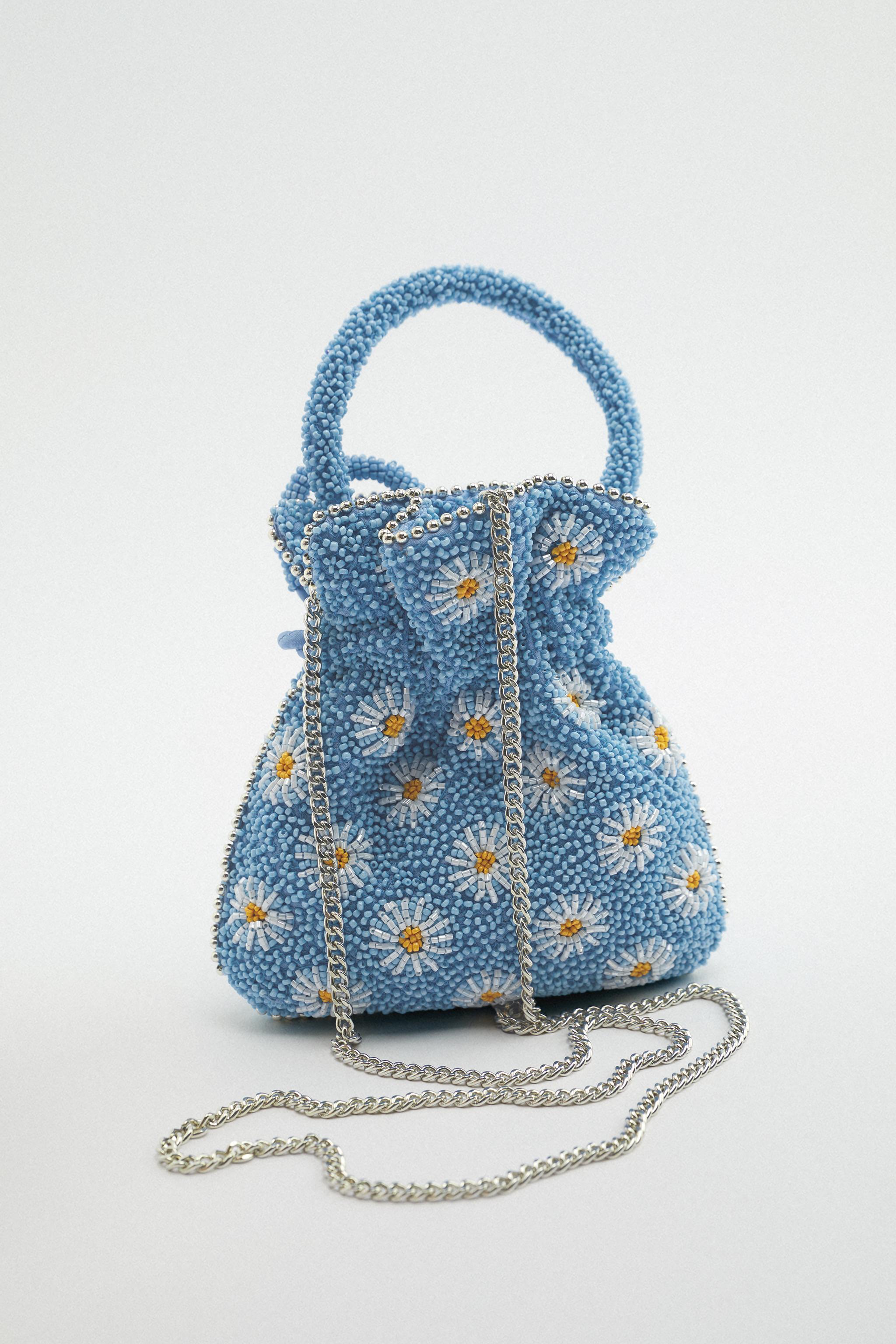 NWT. selling Zara Blue Beaded Mini Bucket Bag.