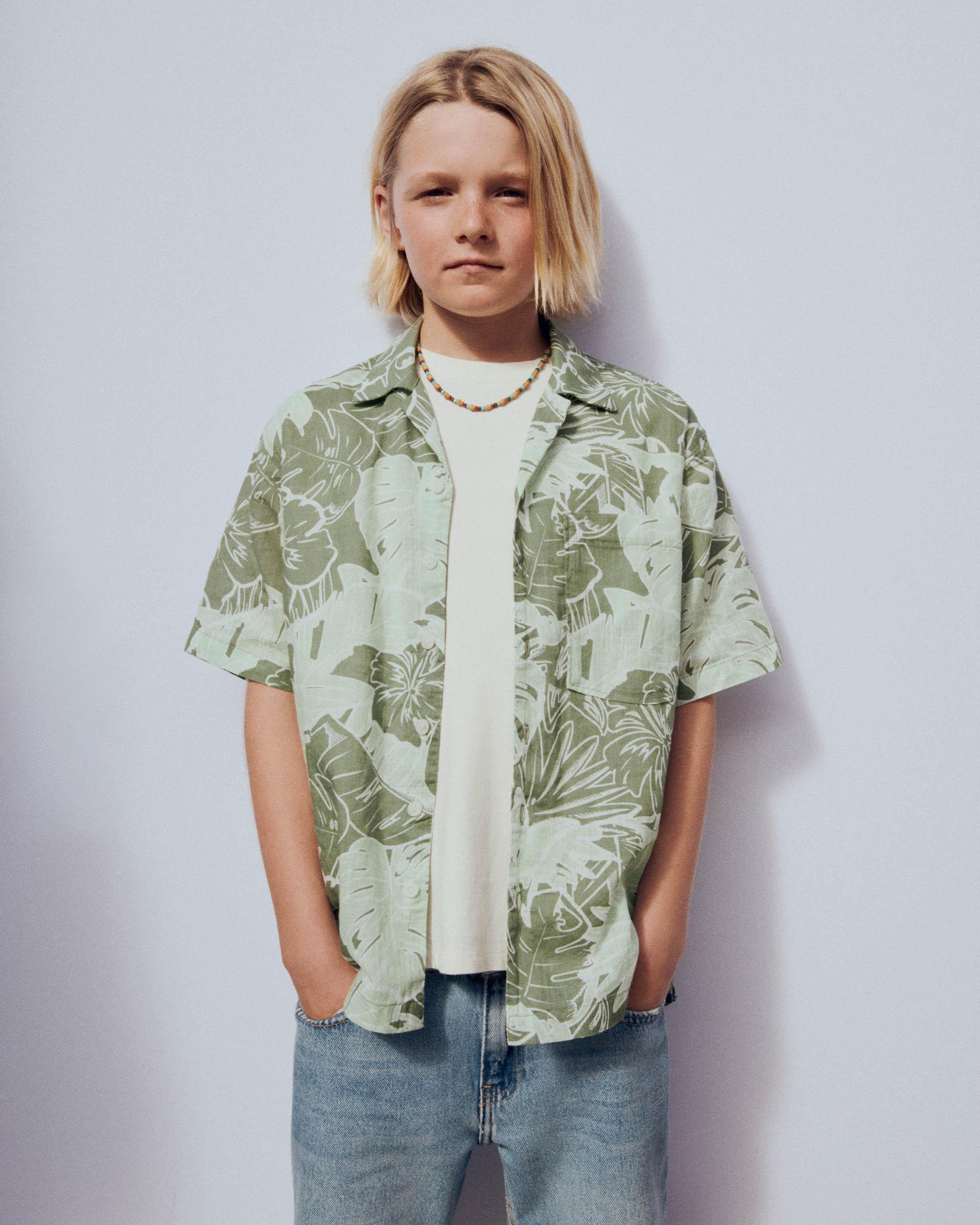 K-D Boys Geo Print Linen Blend Shirt - Sage Green