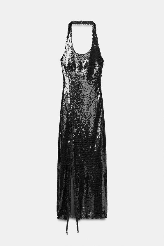 VESTIDO MIDI HALTER LENTEJUELAS - Negro de Zara - Imagen 0