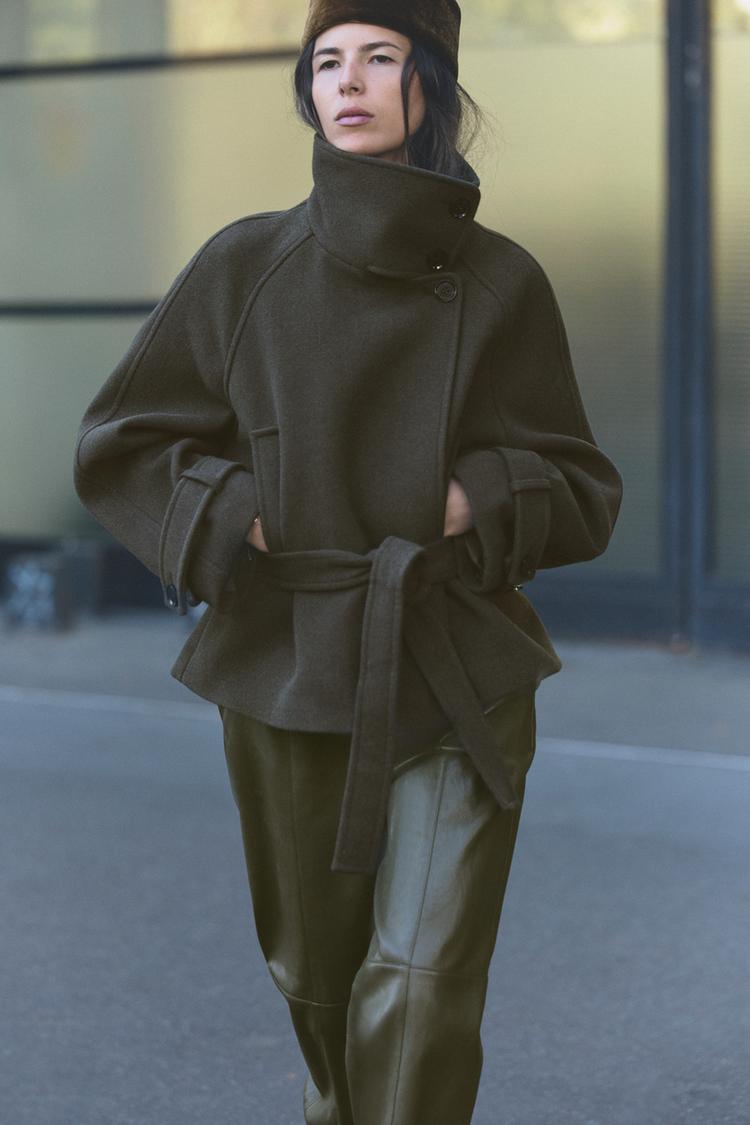 HIGH NECK COAT WITH BELT — Khaki