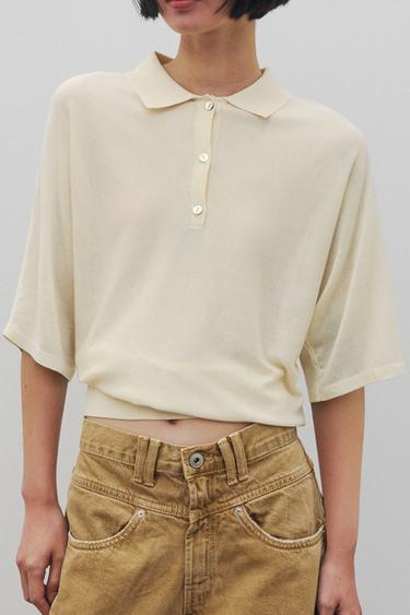 SHORT SLEEVE KNITTED POLO TOP - Ecru by Zara