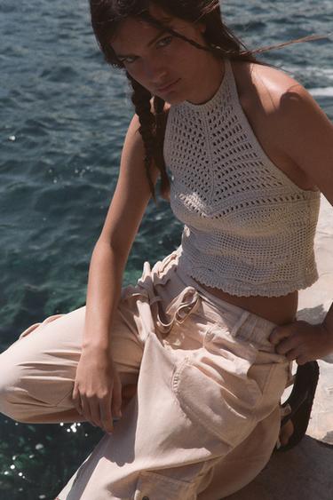Zara KNIT HALTER TOP - Ecru
