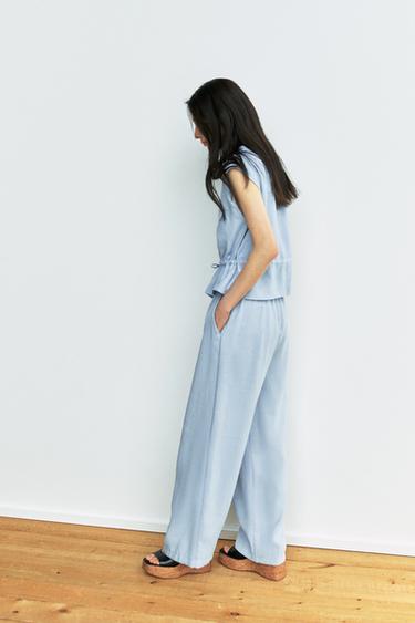 ゴムウエスト仕様ワイドパンツライトブルーZaraのゴムウエスト仕様ワイドパンツ - ライトブルー 
