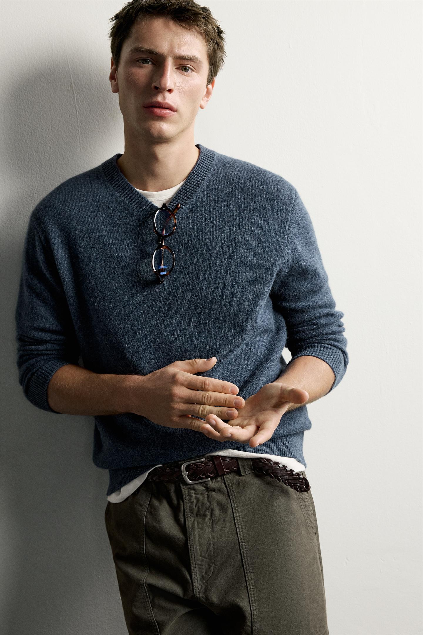 Мужской свитер Zara 100% Wool V-NECK, цвет: Синий / Серый — фото 6