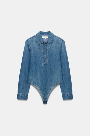 SHIRT-STYLE BODYSUIT WITH SHOULDER PADS - Blue by Zara