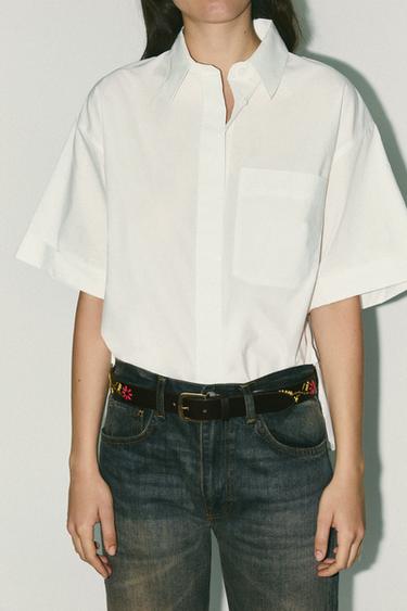 LEATHER BELT WITH FLORAL EMBROIDERY - Brown by Zara