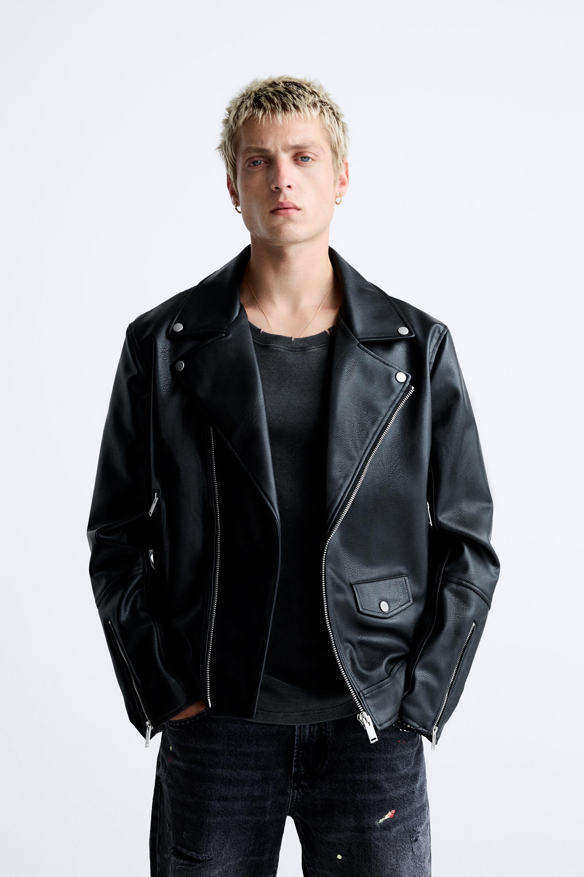 Mens black faux shop leather biker jacket