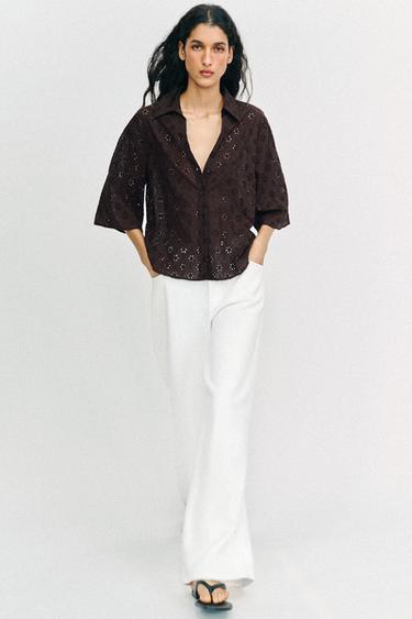 CHEMISE BRODERIES PERFORÉES - Marron de Zara
