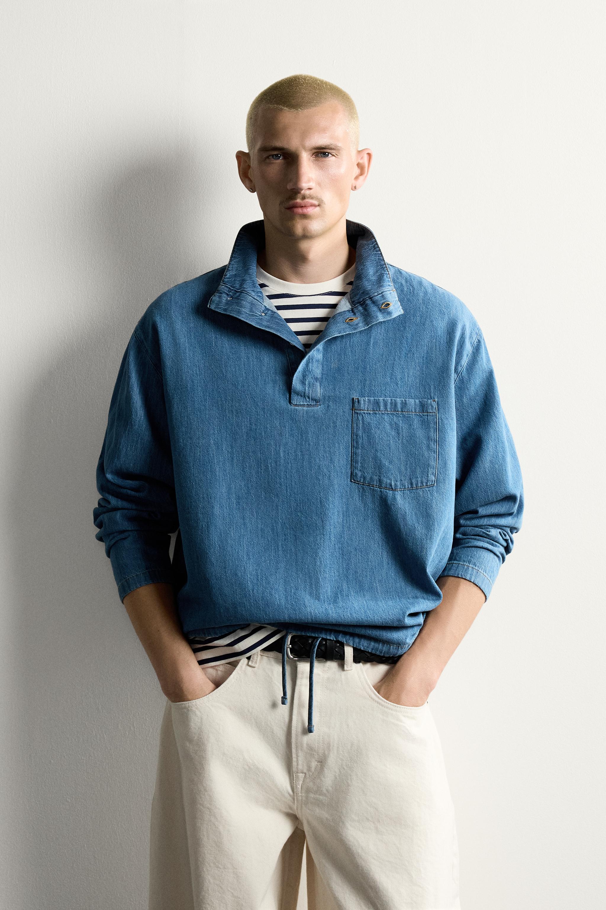 WASHED LIGHTWEIGHT DENIM POLO SHIRT — Light blue