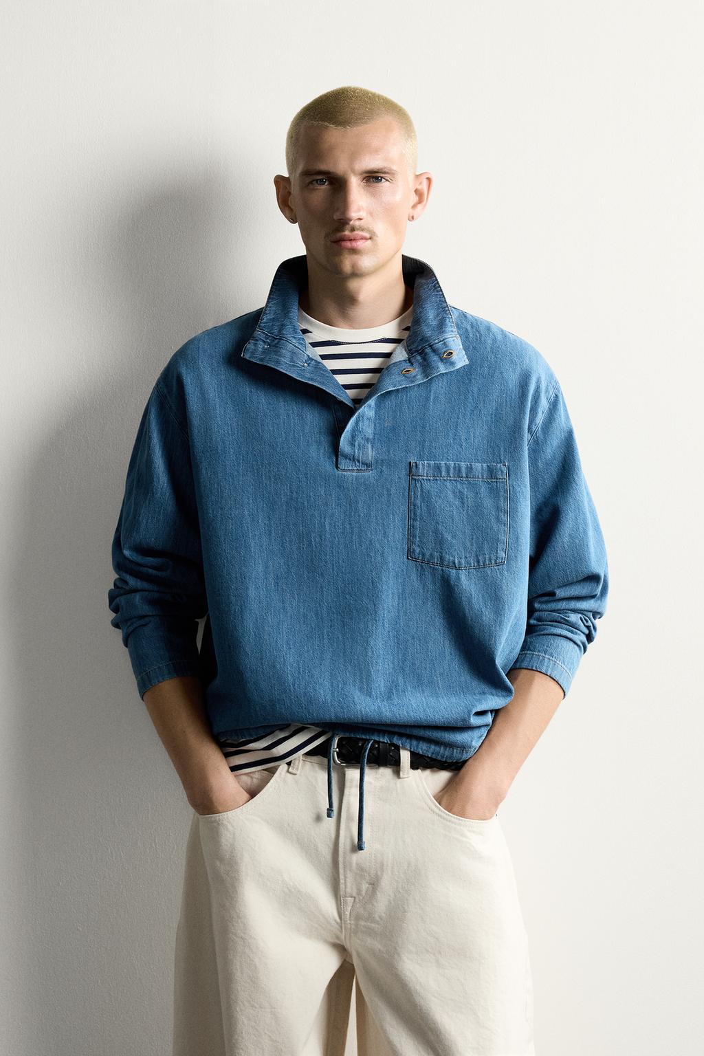 LIGHTWEIGHT WASHED DENIM POLO SHIRT