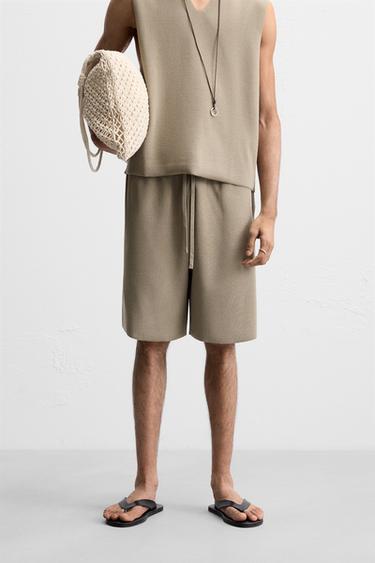 RELAXED FIT KNITTED BERMUDA SHORTS - Khaki by Zara - Image 1
