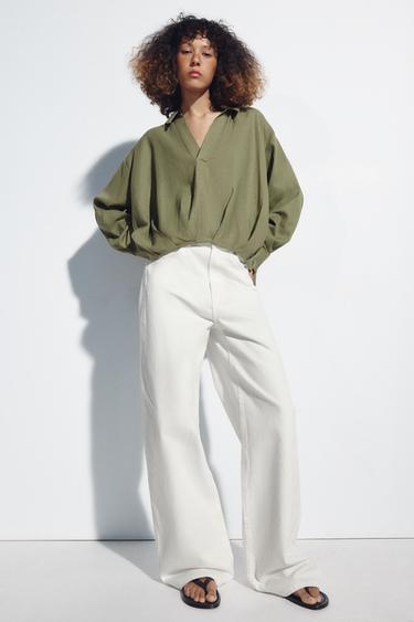 Zara LINEN-BLEND SHIRT WITH PUFFED HEM - Light khaki