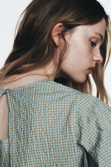 TOP À CARREAUX MANCHES BALLON - Marron-Bleu de Zara - Image 4