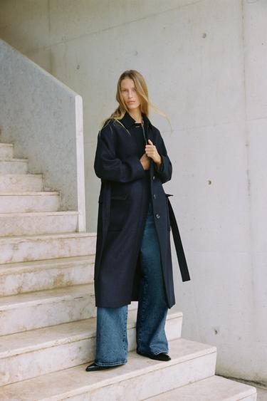 WOOL BLEND BELTED COAT - Navy blue by Zara - Image 0