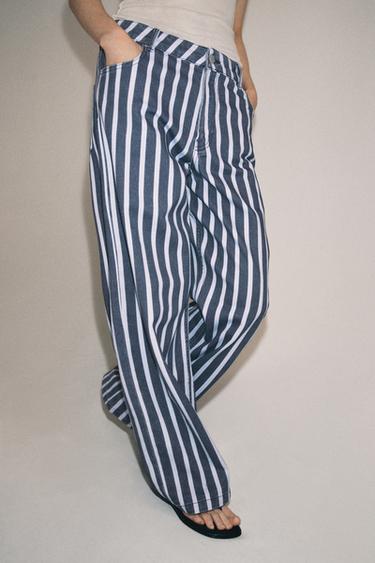 Zara ZW COLLECTION MID-RISE STRIPED LOOSE FIT JEANS - Blue