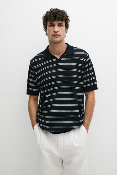 Polo col V à rayures 100 % lin - Bleu marine de Zara