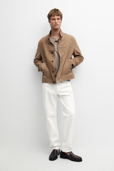 Chaqueta cuello tira piel nobuck - Beige de Zara - Imagen 0