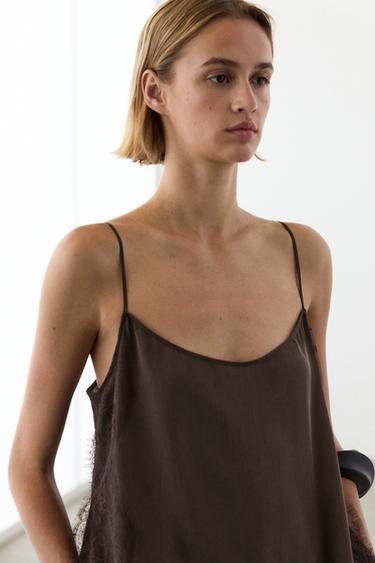 Vestido lencero detalle encaje total look - Chocolate de Zara