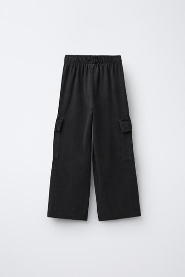 Zara WASHED EFFECT WIDE LEG CARGO PANTS - Anthracite grey