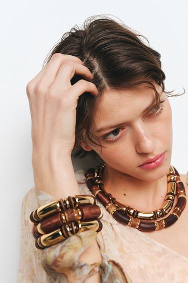 Zara PACK OF 2 COMBINED WOOD NECKLACES - Golden - Image 0