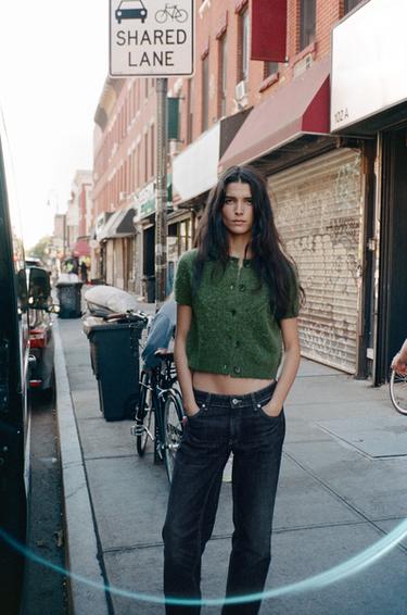 JEANS TRF مستقيم بسرج منخفض - بحري الخاص بـ Zara