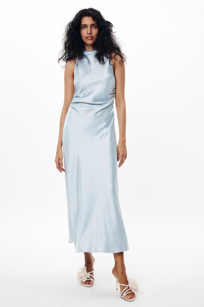 DRAPED SATIN DRESS - Blue / Grey