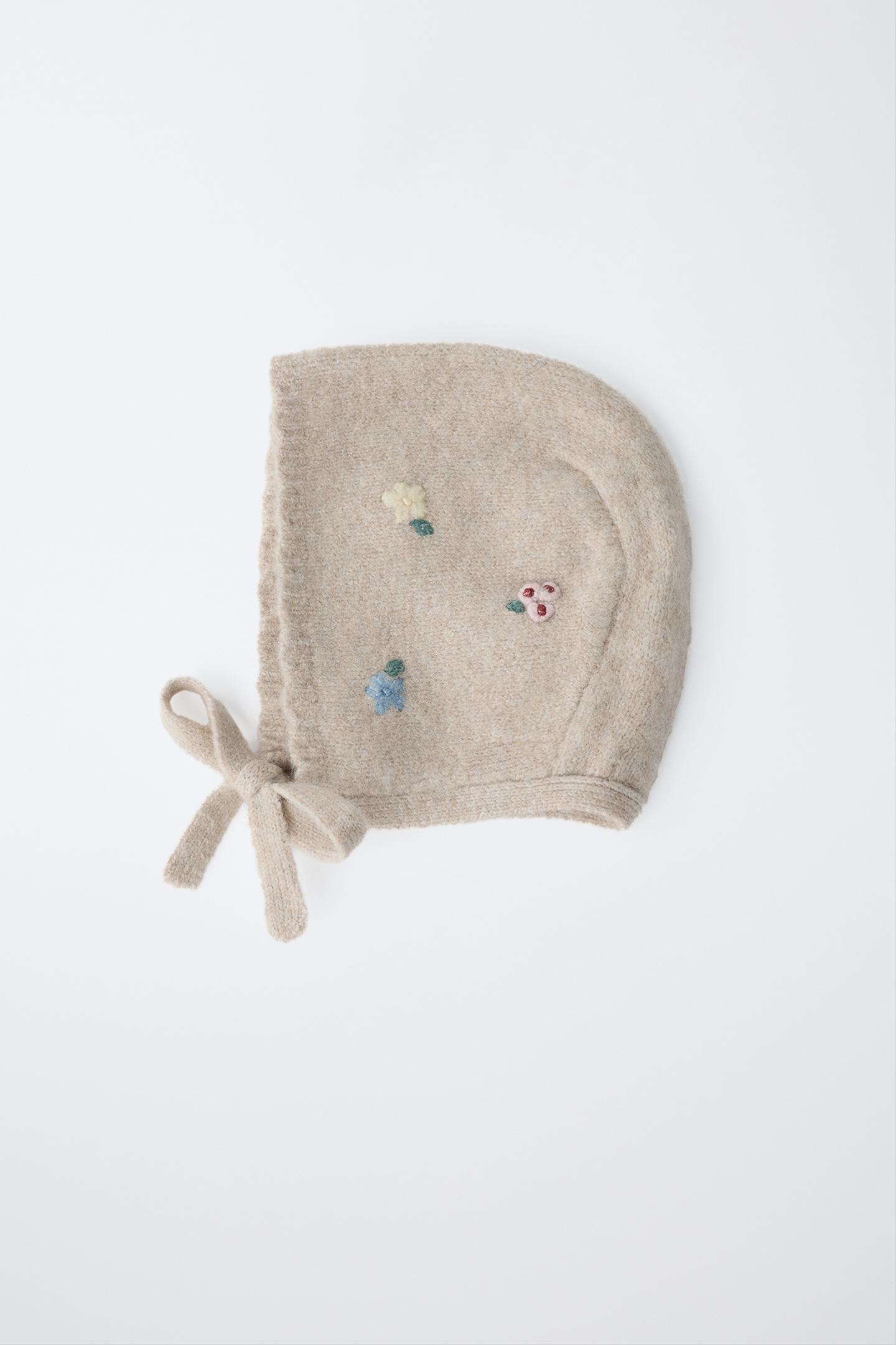 Детские головные уборы Zara Embroidered Floral Knit Bonnet, цвет: Светлый бежевый — фото 4