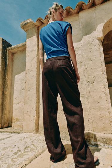 PANTALON DROIT AVEC LIN - Marron foncé de Zara - Image 5