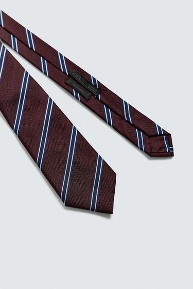 100% SILK STRIPED TIE - Burgundy by Zara - Image 4